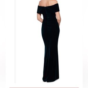NWOT XSCAPE green velvet off shoulder gown. Size 12.